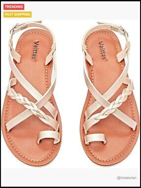 Artificial Leather Flat Sandals with Braided Ankle Strap and Buckle Closure